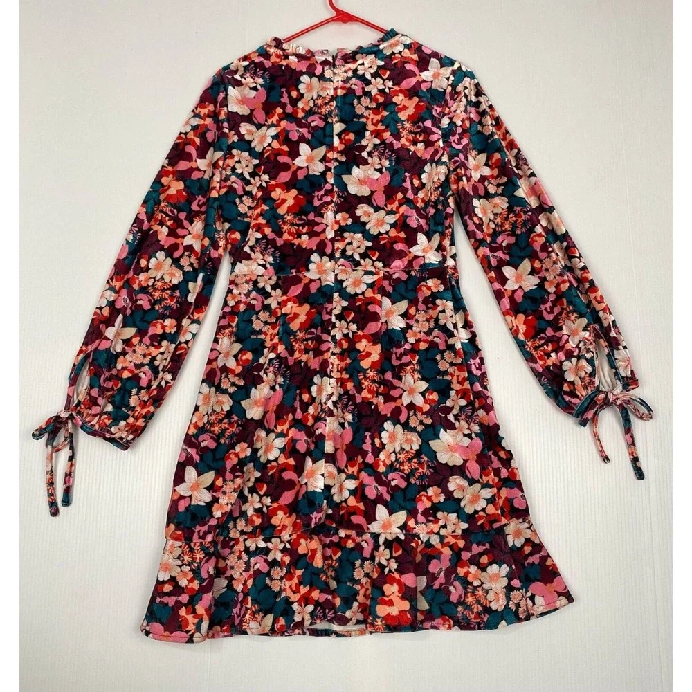 Bcbgeneration Velvet Floral Print Ruffle Trim Colorful Mini Dress Size 4 - Picture 3 of 13